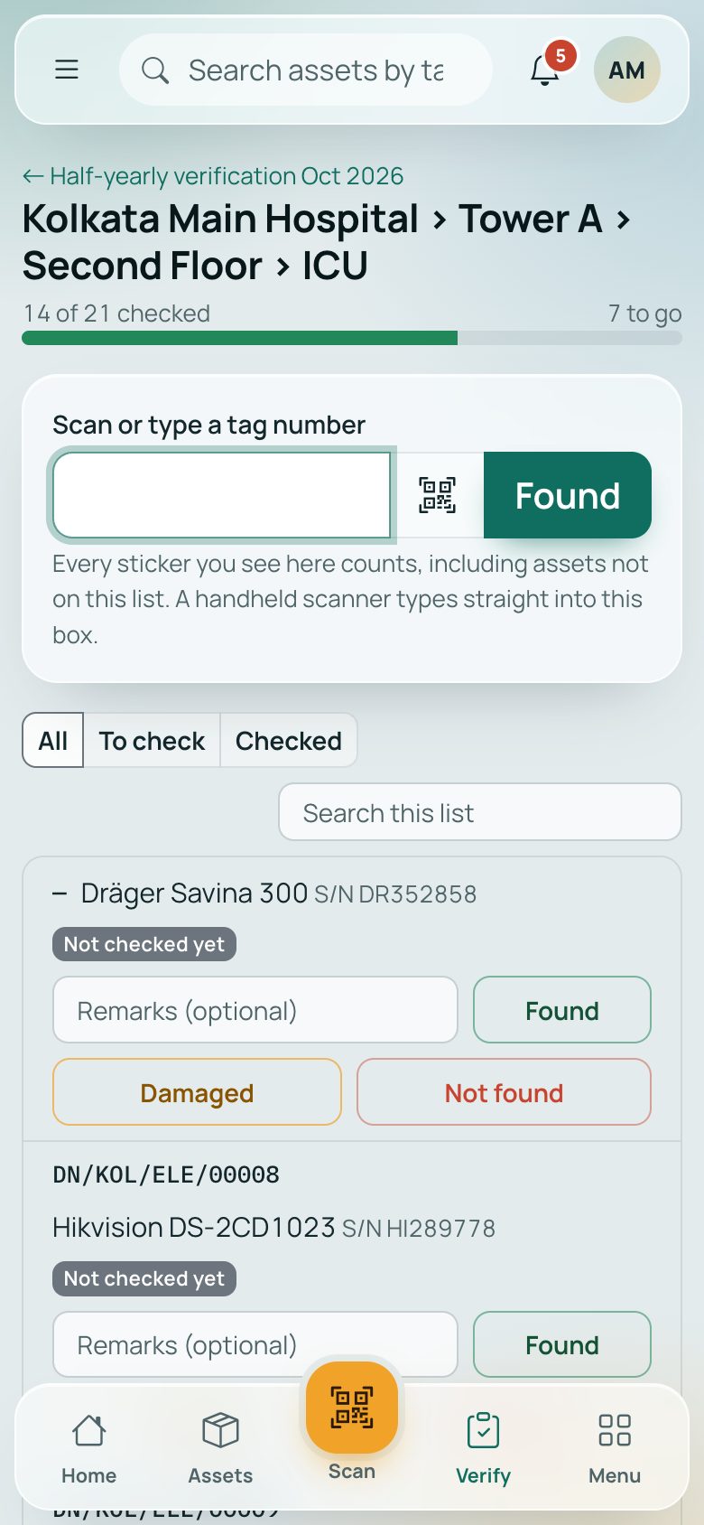 DigiAssetTrack phone verification screen scanning a room